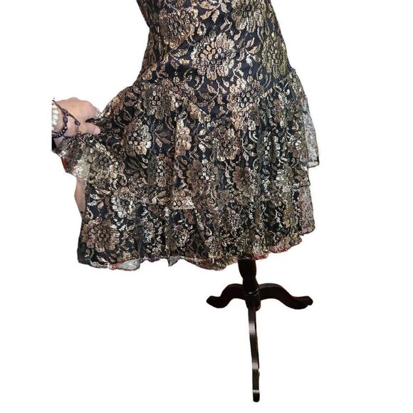 Black & Gold Ruffle Lace Prom Dress Strappy Sexy 80s Short Tiered - Picture 4 of 5